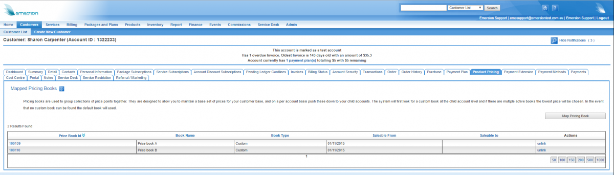 The Product Pricing page for a Customer
