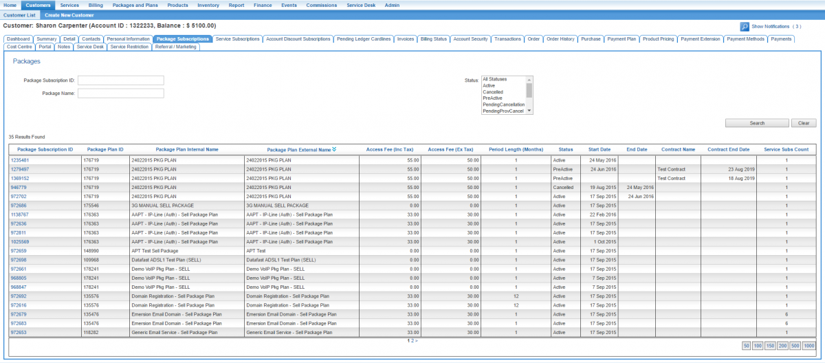 Package subscription list for a customer