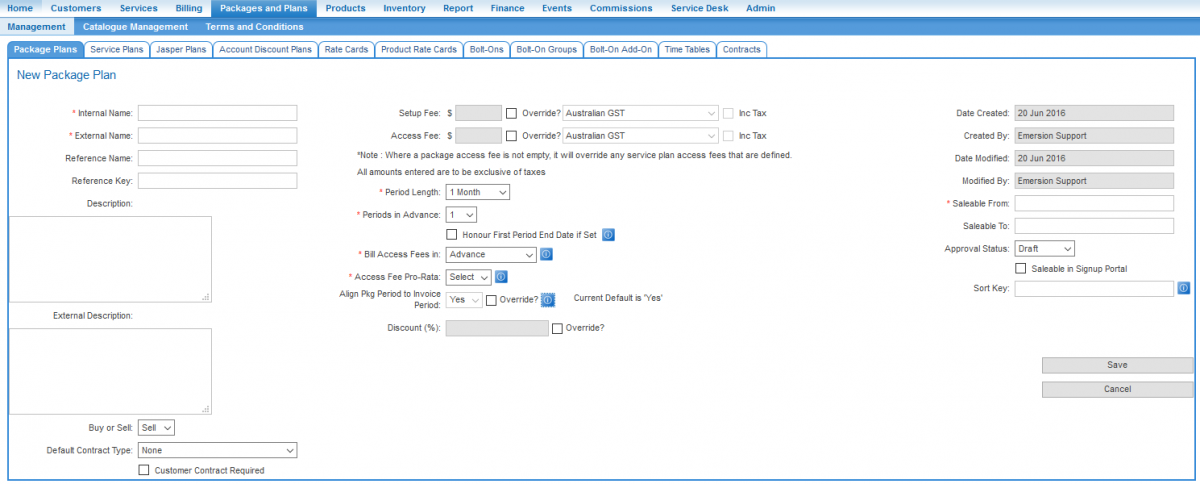 The Create a New Package Plan